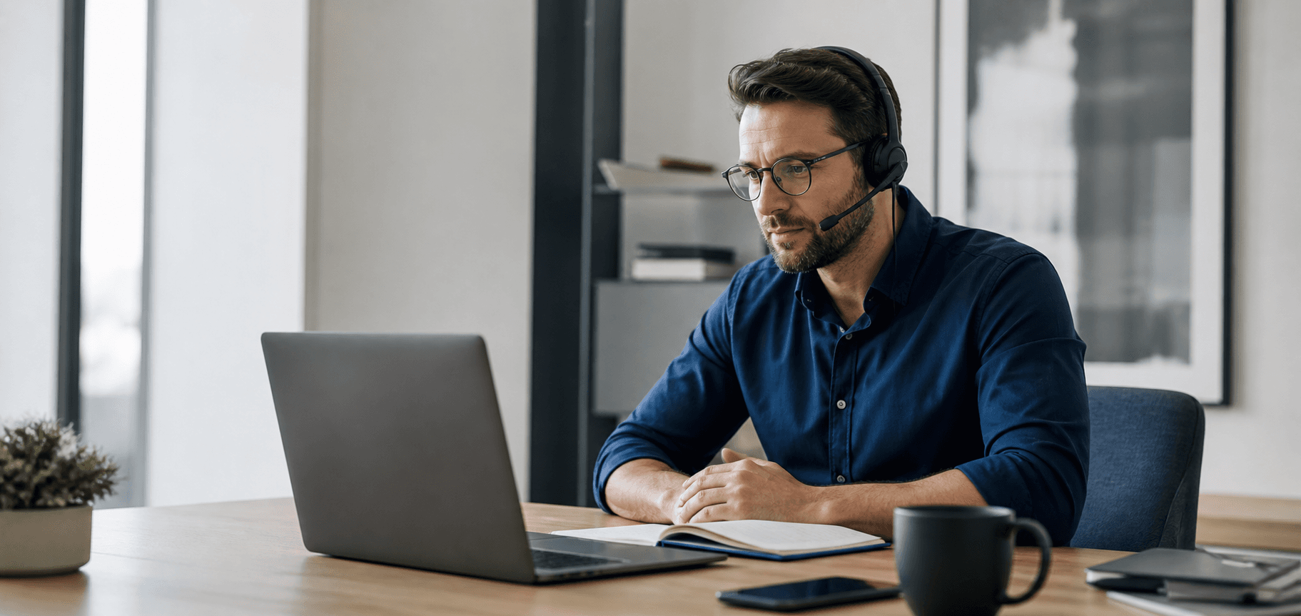 Commercial concentré pendant un appel de vente à distance