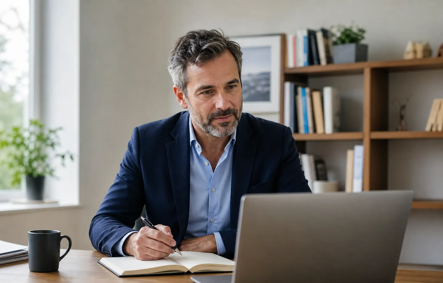 Consultant à son bureau, prenant des notes pendant un rendez-vous en visioconférence