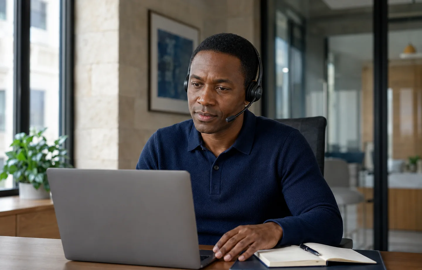 Commercial équipé d’un casque, à l’écoute d’un prospect devant son ordinateur